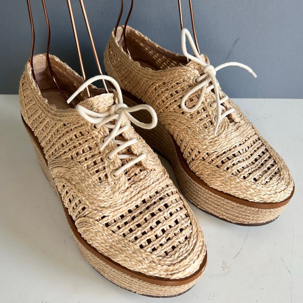 Schutz Platform Loafer wedge Size 8.5 tan Bordado rattan preppy Coastal - Picture 3 of 11